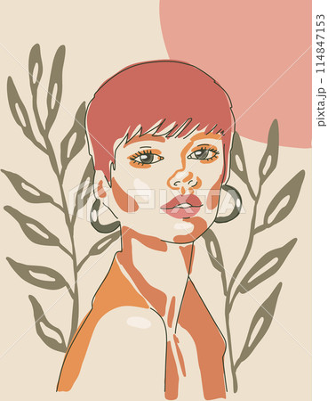 Modern minimalist abstract woman portrait. Bohemian style aesthetic wall decor. Poster for hair stylist beauty salon. 114847153
