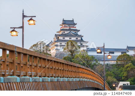Landscape of Jyounai bridge and Karatsu castle in city at sunset, Saga Landscape of Jyounai bridge and Karatsu castle in city at sunset, Saga 114847409