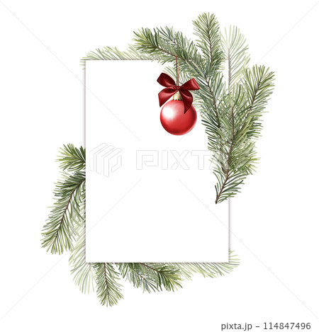 Christmas frame with fir branch and Christmas ball. Illustration for greeting card and invitation. 114847496