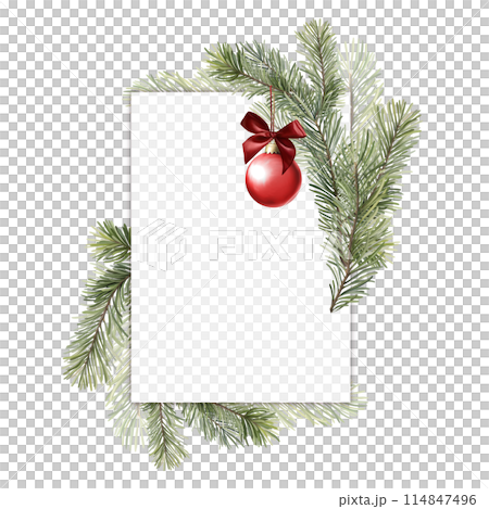 Christmas frame with fir branch and Christmas ball. Illustration for greeting card and invitation. 114847496