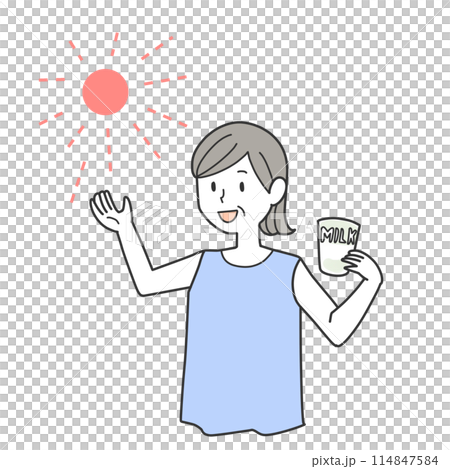 骨粗しょう症予防のために日光にあたり牛乳を飲む女性 114847584