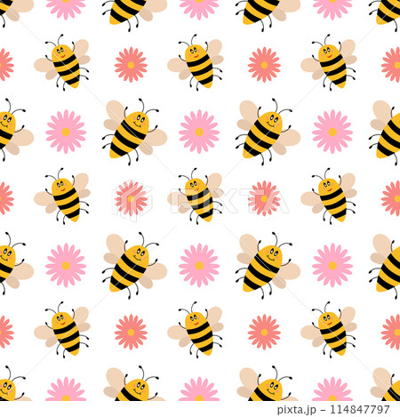 Vector cute cartoon seamless pattern with bees and flowers. Funny bees background. Vector flat illustration. 114847797