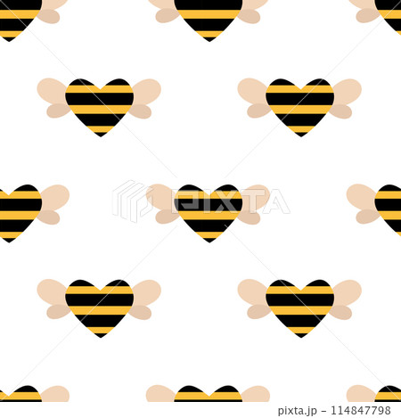 Vector cute cartoon seamless pattern with stripes bee heart on wings. Funny beekeeping background. Vector flat illustration. 114847798
