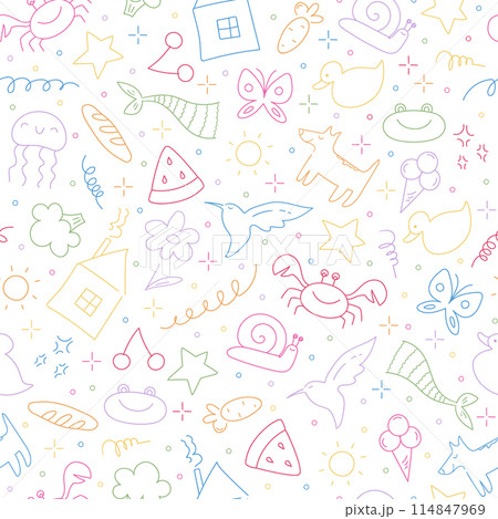 Childish doodle outline elements seamless pattern. Hand drawn animals, food, plants and objects in kids scribble style. Vector illustration Childish doodle outline elements seamless pattern. Hand drawn animals, food, plants and objects in kids scribble style. Vector illustration 114847969