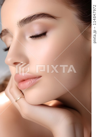 A close-up of a woman's face with eyes closed, highlighting her smooth skin, well-defined eyebrows, and natural beauty. A close-up of a woman's face with eyes closed, highlighting her smooth skin, well-defined eyebrows, and natural beauty. 114847972