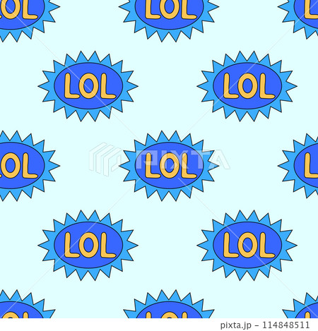 Seamless Pattern with trendy retro sticker cartoon shape. Funny quote sign patch blue LOL. Flat Vector Design. 114848511