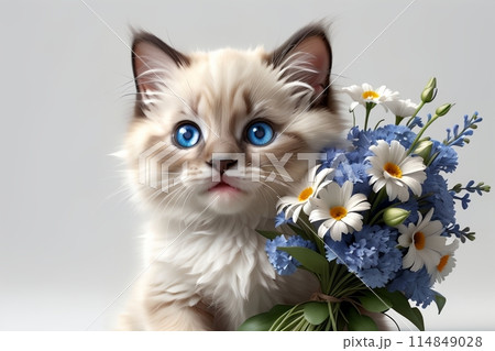 Cute kitten with a large bouquet of flowers 114849028