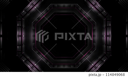 Flight in neon lights cyber data hexagonal tunnel. Design. Dark mysterious corridor. Flight in neon lights cyber data hexagonal tunnel. Design. Dark mysterious corridor. 114849068