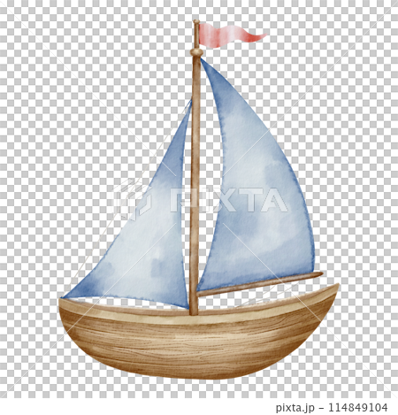 Sailboat watercolor illustration. Drawing of sailing ship in pastel colors for Baby shower design on isolated background. Sketch of Boat or Yacht for childish design in nautical style. Colorful Sailer Sailboat watercolor illustration. Drawing of sailing ship in pastel colors for Baby shower design on isolated background. Sketch of Boat or Yacht for childish design in nautical style. Colorful Sailer 114849104