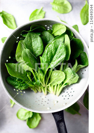 Bunch of fresh green spinach leaves with water drops Bunch of fresh green spinach leaves with water drops 114849344