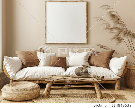 Interior design of modern living room, home. Rustic coffee table near white sofa with brown cushions against beige wall with blank poster frame 114849538