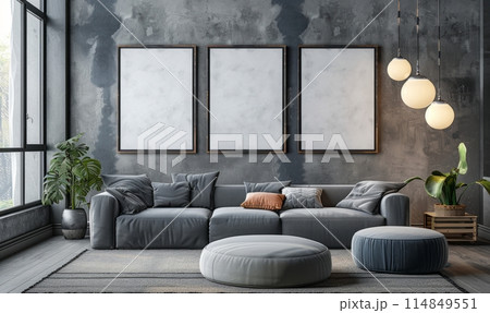 Mock up poster, interior composition, sofa, wood chair, flower and white poster, 114849551