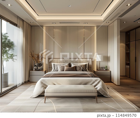 Interior natural light with bed in beige bedroom 114849570