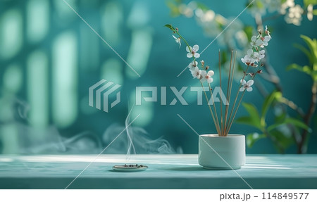 Incense Packaging Mockups with flowers over light background 114849577