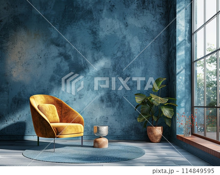living room minimalism design with color blue and chair 114849595