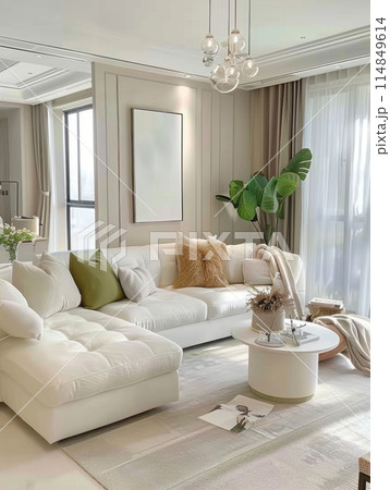Modern cream style living room with white sofa with green leaf decoration Modern cream style living room with white sofa with green leaf decoration 114849614