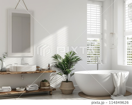 Poster frame mockup in white cozy bathroom interior background 114849626