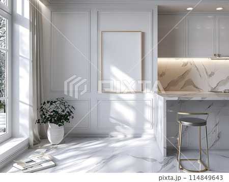 Home mockup frame cozy modern kitchen interior background Home mockup frame cozy modern kitchen interior background 114849643