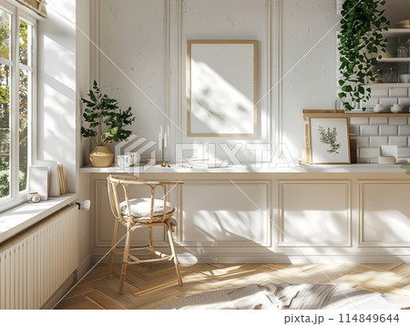 Home mockup frame cozy modern kitchen interior background Home mockup frame cozy modern kitchen interior background 114849644