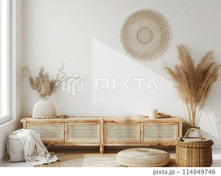 Coastal living room interior with Rotan furniture , wall mockup Coastal living room interior with Rotan furniture , wall mockup 114849746