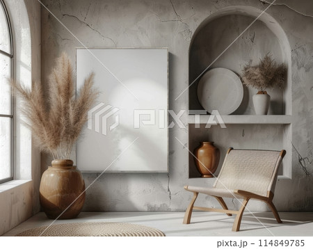 Canvas mockup in minimalist interior background with armchair and rustic decor Canvas mockup in minimalist interior background with armchair and rustic decor 114849785