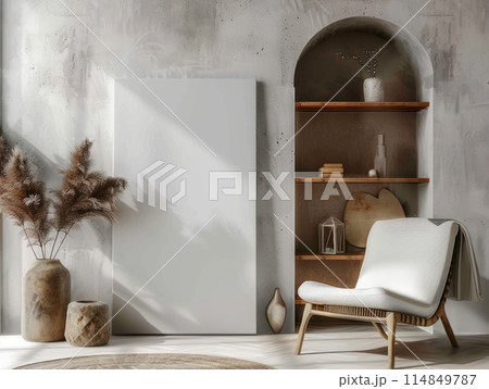 Canvas mockup in minimalist interior background with armchair and rustic decor 114849787