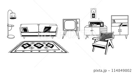 Vector illustration. Vintage interior design, pieces of furniture, armchair, sofa, carpet, bookcase, floor lamp, wall clock, TV. Suitable for printing on paper and fabric, for interior design. Vector illustration. Vintage interior design, pieces of furniture, armchair, sofa, carpet, bookcase, floor lamp, wall clock, TV. Suitable for printing on paper and fabric, for interior design. 114849802