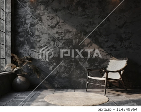 Modern Interior: Black Wall with Chair and Floral Arrangement 114849964
