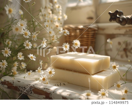 Organic Soap Bar with Flower Accents on Table 114849975