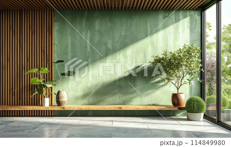 Green kitchen room and minimalist interior design on mockup wood slat wall Green kitchen room and minimalist interior design on mockup wood slat wall 114849980