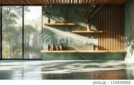 Green kitchen room and minimalist interior design on mockup wood slat wall Green kitchen room and minimalist interior design on mockup wood slat wall 114849988