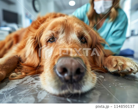 sick golden retriever laying down on a table with his head on a pillow at the vet 114850137
