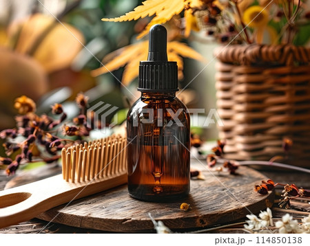 Essential oil blend with aroma herb rosemary, lavender. Fresh blossom and droppper bottles white table. Healing aromatherapy. 114850138