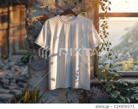 Product mockup photography white blank t-shirt in outdoor 114850171