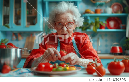 Happy elderly woman preparing pastries in kitchen, attractive mature female wear apron Happy elderly woman preparing pastries in kitchen, attractive mature female wear apron 114850208