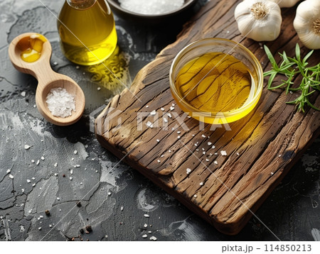 Ripe and raw garlic and garlic oil in glass of bottle on wooden table with 114850213