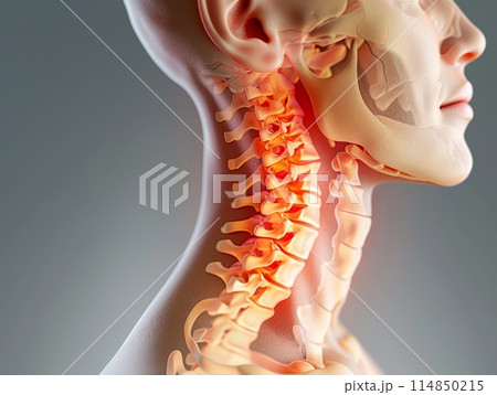 Digital composite of Highlighted spine of man with neck pain Digital composite of Highlighted spine of man with neck pain 114850215