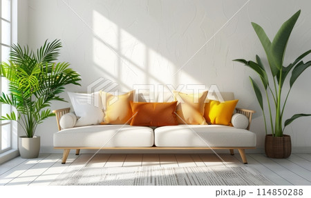 Bright and cozy modern living room interior have sofa and plant with white plaster wall Bright and cozy modern living room interior have sofa and plant with white plaster wall 114850288