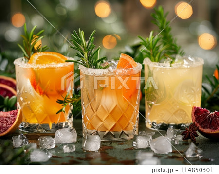 Glass tumblers with cocktail and fruits, summer backdrop 114850301