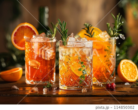 Glass tumblers with cocktail and fruits, summer backdrop 114850302