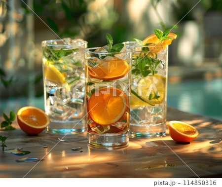 Glass tumblers with water and fruits, summer backdrop 114850316