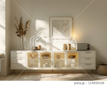 A white cabinet with glass doors with light colored cabinets and frame mockup A white cabinet with glass doors with light colored cabinets and frame mockup 114850326
