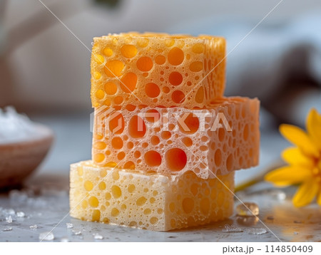 Three colorful sponges stacked on marble background Three colorful sponges stacked on marble background 114850409