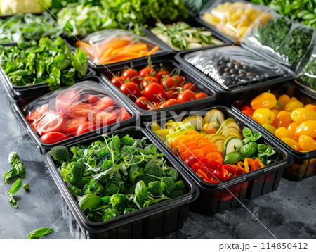 Assorted vegetables stacked in plastic containers at greengrocer 114850412