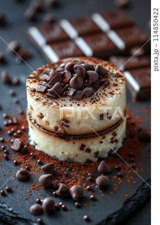 Japanese Dorayaki pancake covered with chocolate mousse toped with chocolate Japanese Dorayaki pancake covered with chocolate mousse toped with chocolate 114850422