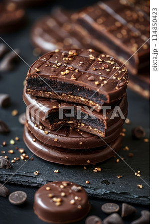 Japanese Dorayaki pancake covered with chocolate mousse toped with chocolate 114850423