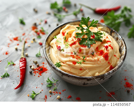 Spicy mayo is a condiment made by combining mayonnaise with spicy ingredients Spicy mayo is a condiment made by combining mayonnaise with spicy ingredients 114850567