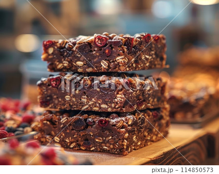 Healthy bars with nuts, seeds and dried fruits on the table, 114850573