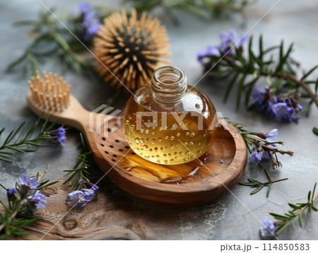 Hair scalp massager with shampoo , brushes and cosmetic oil on background 114850583