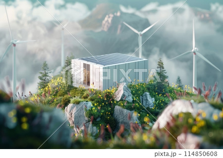 House with solar panels on roof atop hill, surrounded by wind turbines in nature House with solar panels on roof atop hill, surrounded by wind turbines in nature 114850608